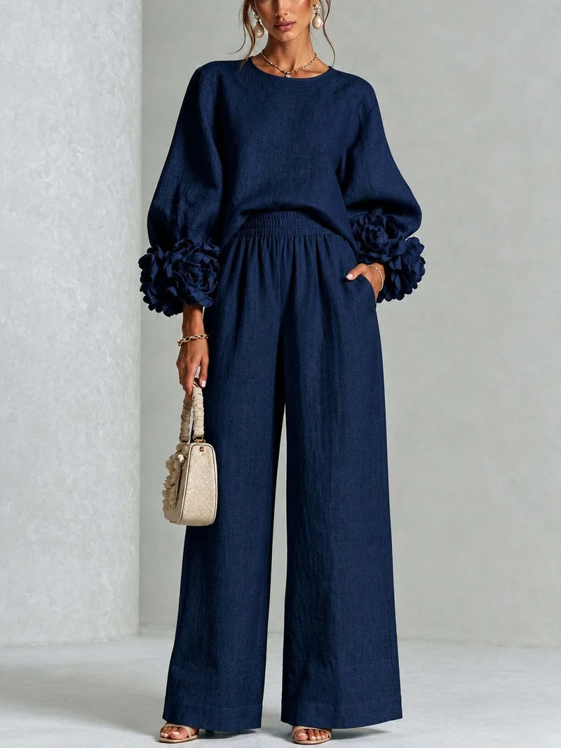 Damen Zweiteiliges Ensemble mit Ballonärmeln und Blumenmanschetten Nord Taschen