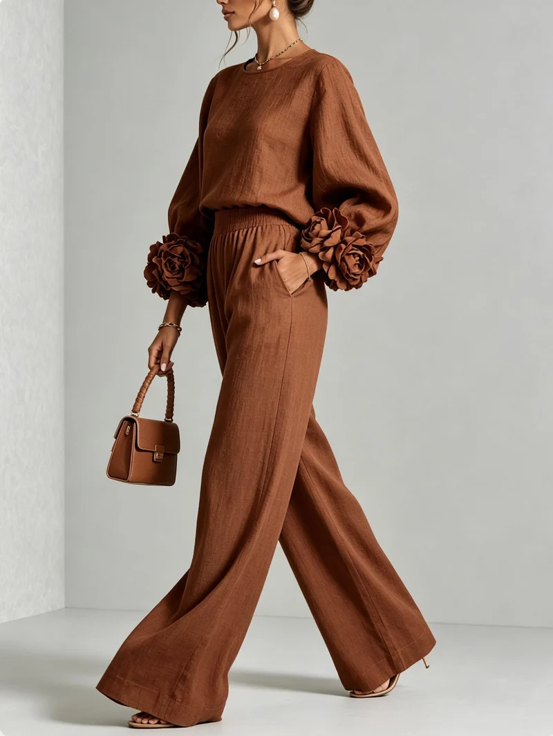 Damen Zweiteiliges Ensemble mit Ballonärmeln und Blumenmanschetten Nord Taschen