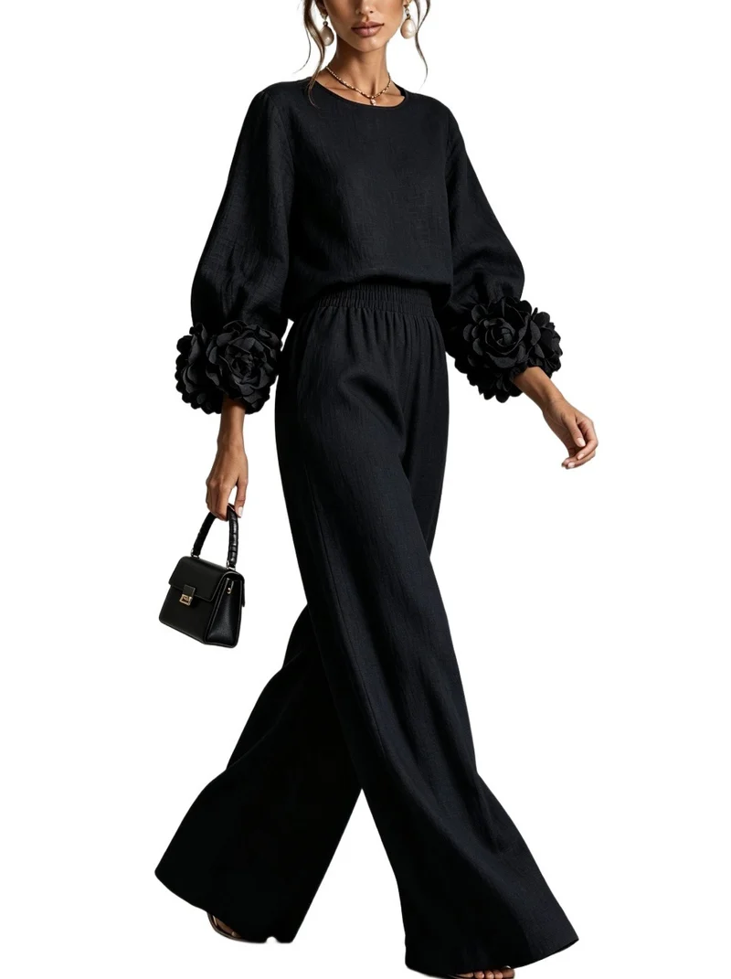 Damen Zweiteiliges Ensemble mit Ballonärmeln und Blumenmanschetten Nord Taschen