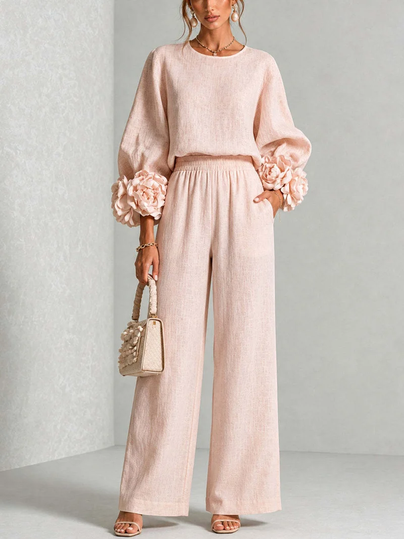 Damen Zweiteiliges Ensemble mit Ballonärmeln und Blumenmanschetten Nord Taschen