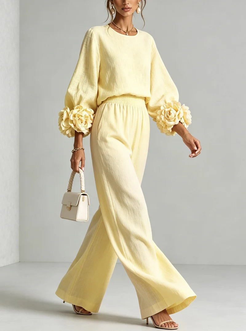 Damen Zweiteiliges Ensemble mit Ballonärmeln und Blumenmanschetten Nord Taschen