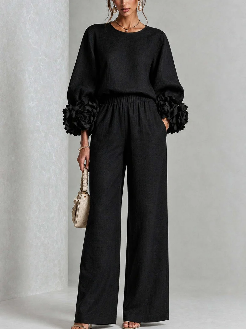 Damen Zweiteiliges Ensemble mit Ballonärmeln und Blumenmanschetten Nord Taschen