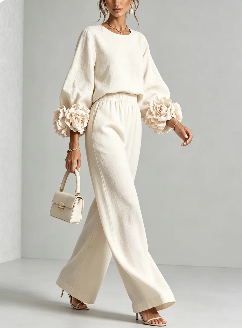 Damen Zweiteiliges Ensemble mit Ballonärmeln und Blumenmanschetten Nord Taschen