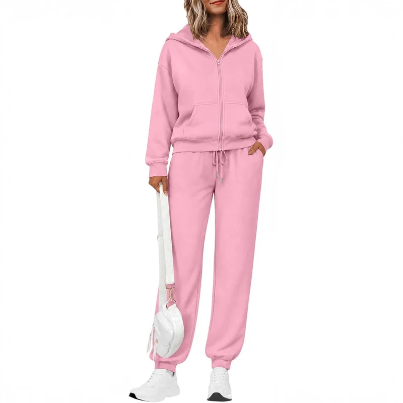 Damen Zip-Kapuzen-Sweatset aus weichem Baumwollmix mit Kängurutasche und Tunnelzug-Jogginghose Nord Taschen