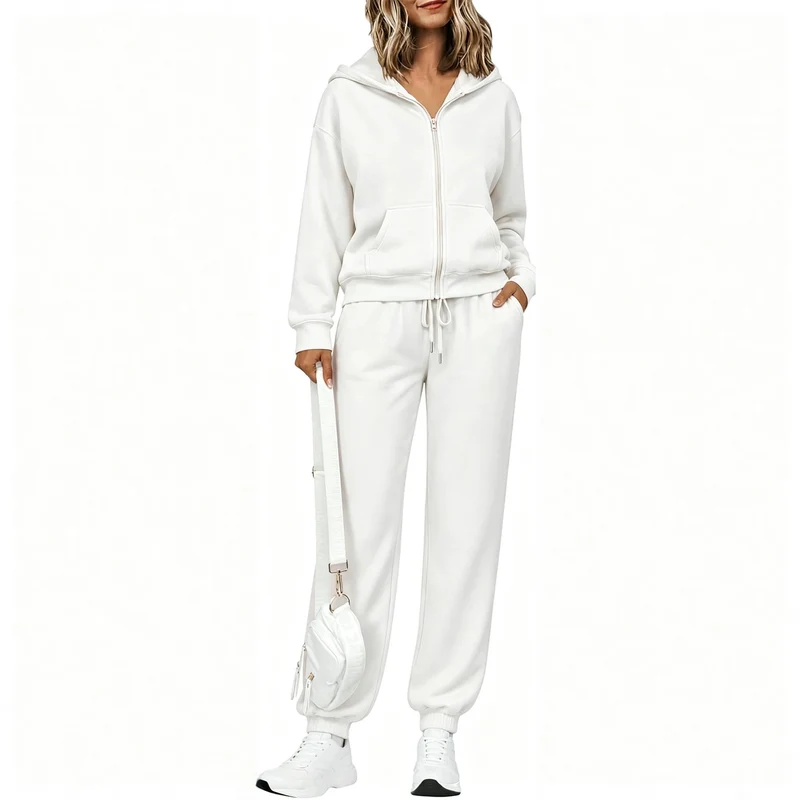 Damen Zip-Kapuzen-Sweatset aus weichem Baumwollmix mit Kängurutasche und Tunnelzug-Jogginghose Nord Taschen