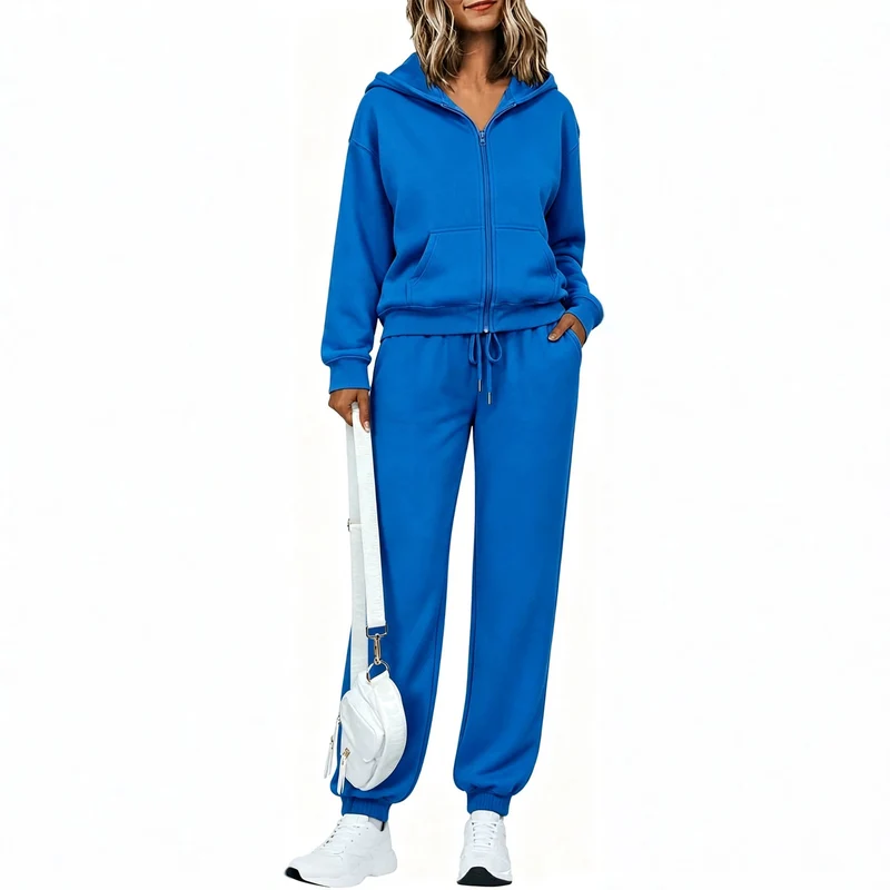 Damen Zip-Kapuzen-Sweatset aus weichem Baumwollmix mit Kängurutasche und Tunnelzug-Jogginghose Nord Taschen