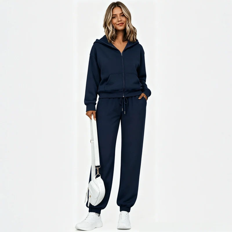 Damen Zip-Kapuzen-Sweatset aus weichem Baumwollmix mit Kängurutasche und Tunnelzug-Jogginghose Nord Taschen