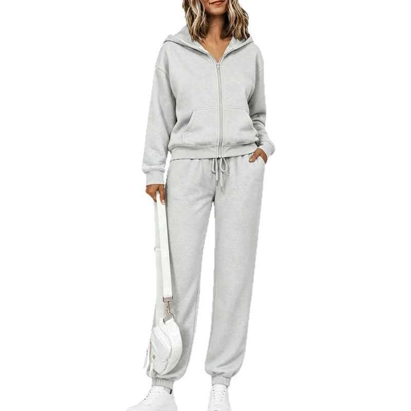 Damen Zip-Kapuzen-Sweatset aus weichem Baumwollmix mit Kängurutasche und Tunnelzug-Jogginghose Nord Taschen
