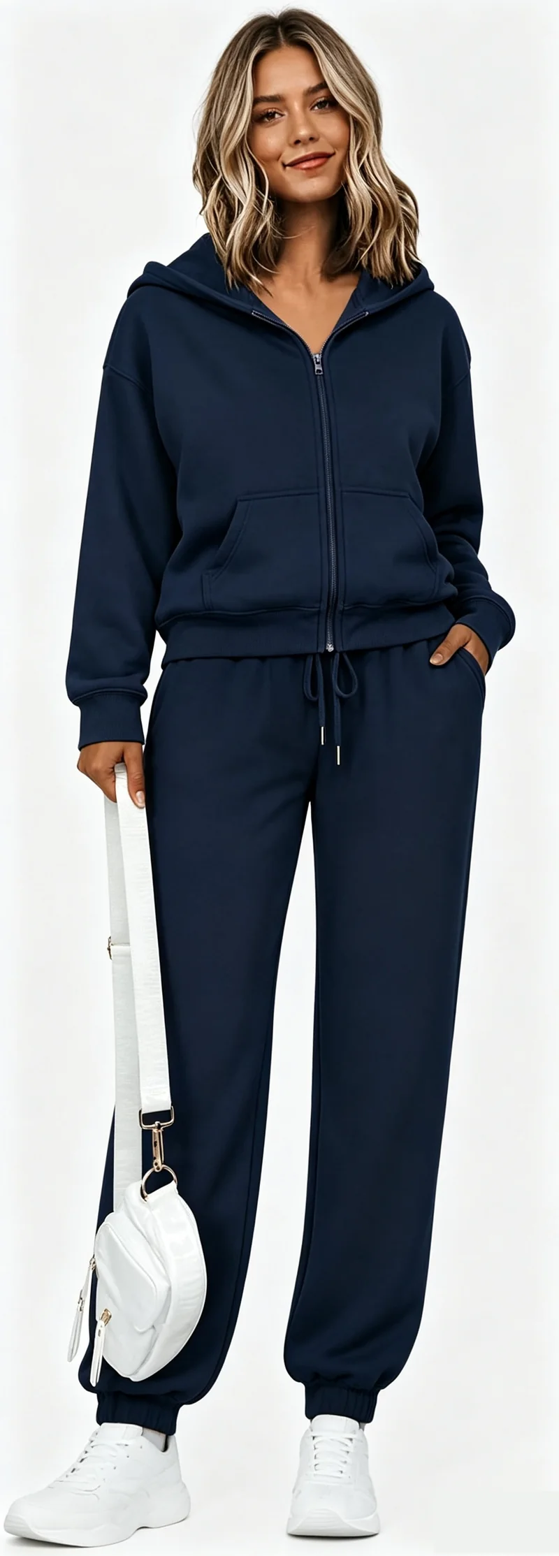 Damen Zip-Kapuzen-Sweatset aus weichem Baumwollmix mit Kängurutasche und Tunnelzug-Jogginghose Nord Taschen