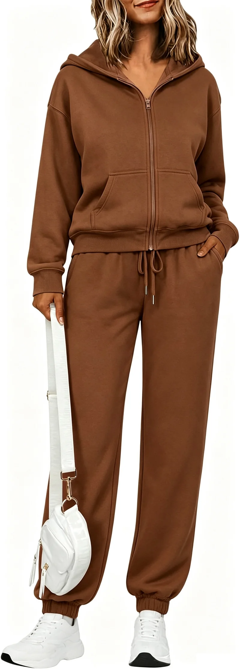 Damen Zip-Kapuzen-Sweatset aus weichem Baumwollmix mit Kängurutasche und Tunnelzug-Jogginghose Nord Taschen