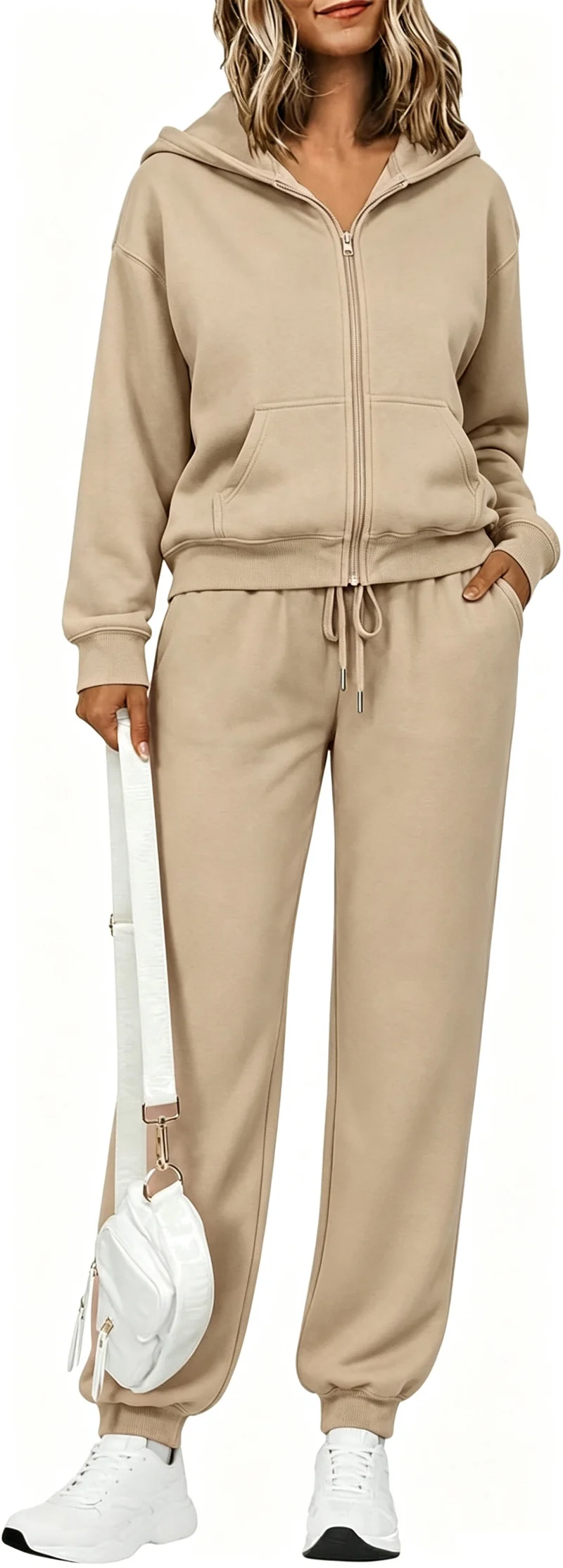 Damen Zip-Kapuzen-Sweatset aus weichem Baumwollmix mit Kängurutasche und Tunnelzug-Jogginghose Nord Taschen