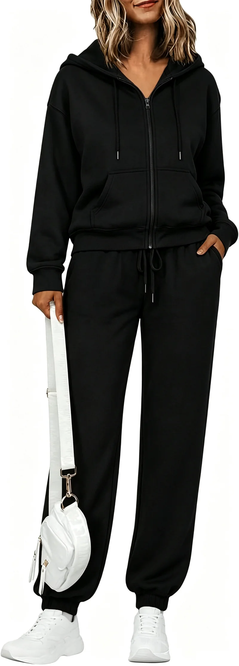 Damen Zip-Kapuzen-Sweatset aus weichem Baumwollmix mit Kängurutasche und Tunnelzug-Jogginghose Nord Taschen