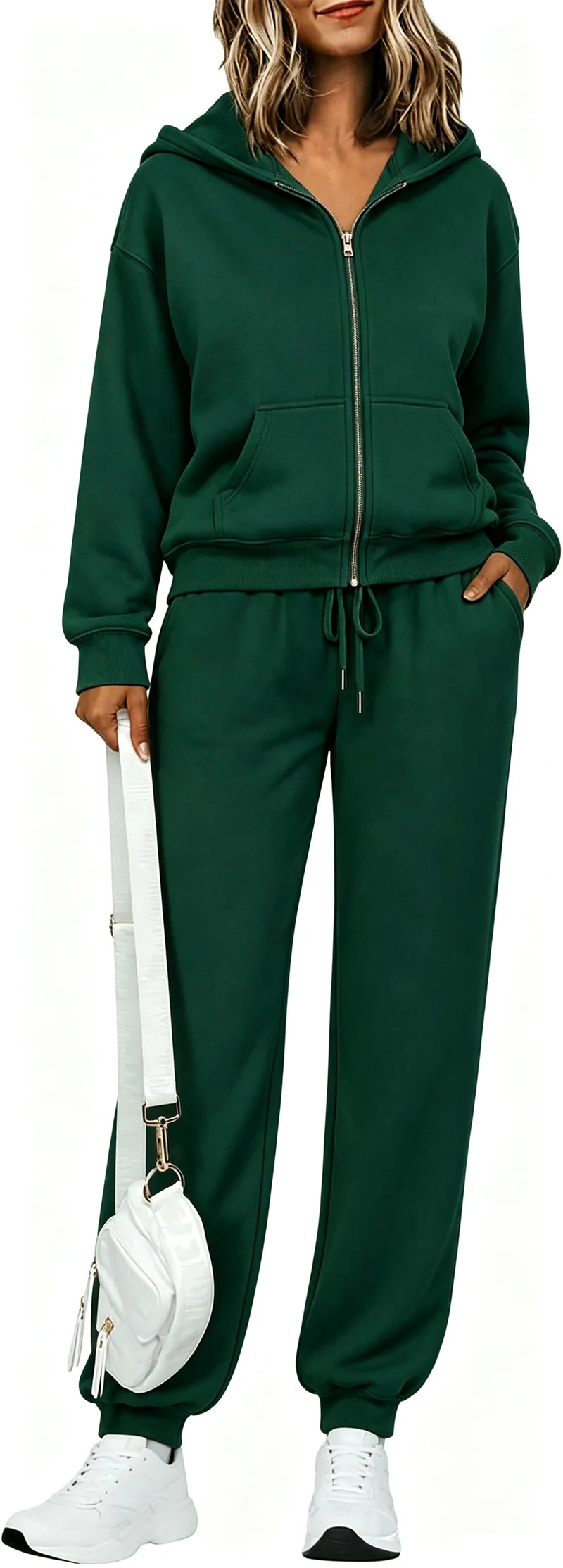 Damen Zip-Kapuzen-Sweatset aus weichem Baumwollmix mit Kängurutasche und Tunnelzug-Jogginghose Nord Taschen