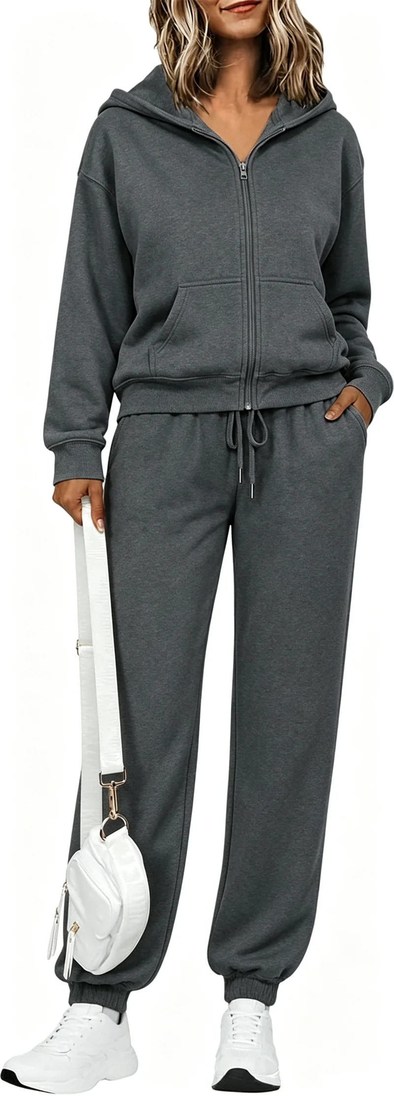 Damen Zip-Kapuzen-Sweatset aus weichem Baumwollmix mit Kängurutasche und Tunnelzug-Jogginghose Nord Taschen