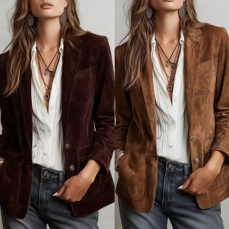 Damen Wildlederblazer im Tailoring-Stil mit aufgesetzten Taschen Nord Taschen