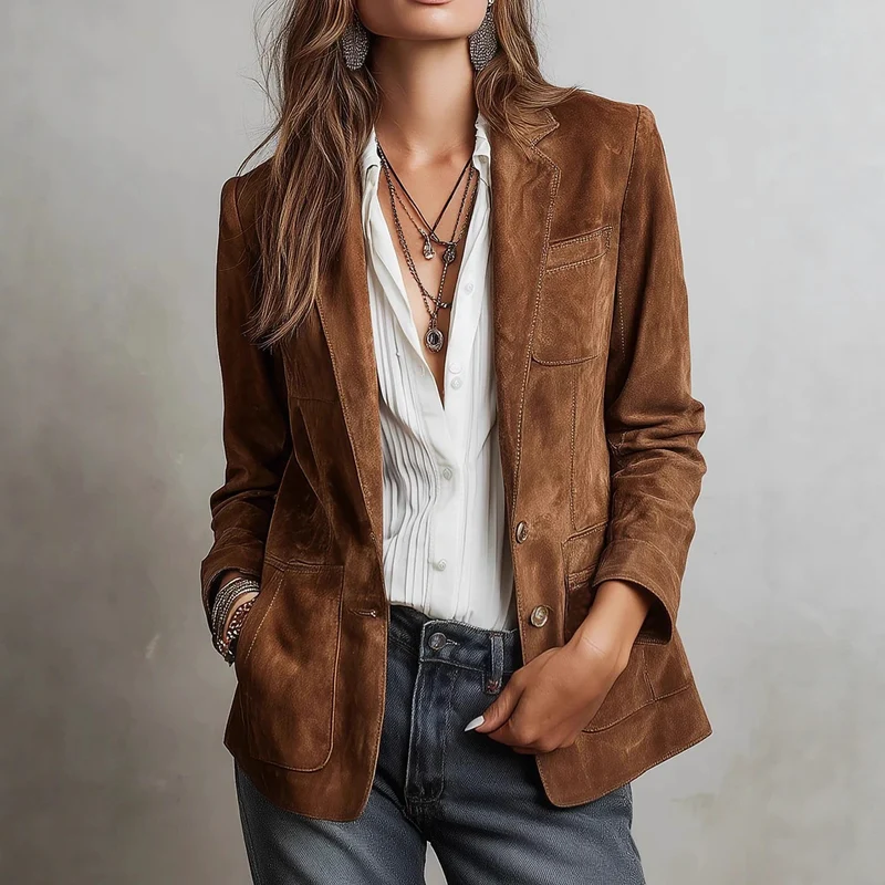 Damen Wildlederblazer im Tailoring-Stil mit aufgesetzten Taschen Nord Taschen