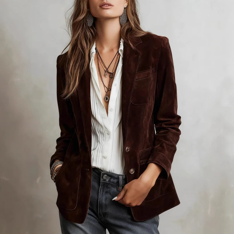 Damen Wildlederblazer im Tailoring-Stil mit aufgesetzten Taschen Nord Taschen