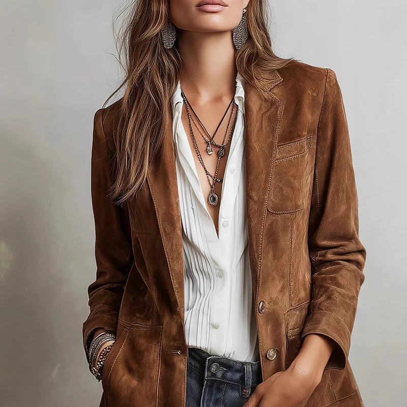 Damen Wildlederblazer im Tailoring-Stil mit aufgesetzten Taschen Nord Taschen