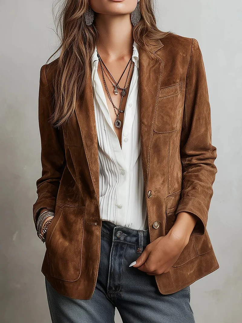 Damen Wildlederblazer im Tailoring-Stil mit aufgesetzten Taschen Nord Taschen