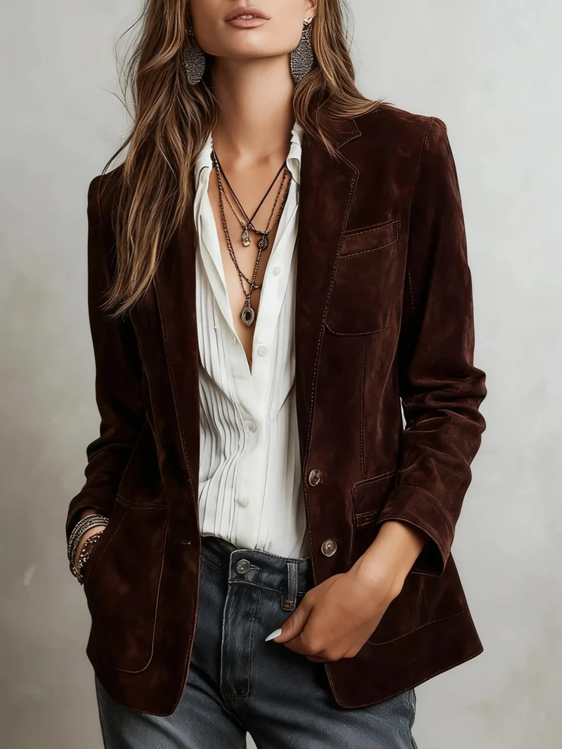 Damen Wildlederblazer im Tailoring-Stil mit aufgesetzten Taschen Nord Taschen