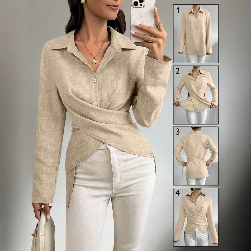 Damen Wickelbluse mit Hemdkragen, asymmetrischem Saum und seitlichen Schlitzen Nord Taschen