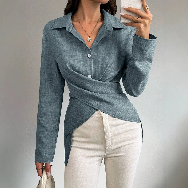 Damen Wickelbluse mit Hemdkragen, asymmetrischem Saum und seitlichen Schlitzen Nord Taschen