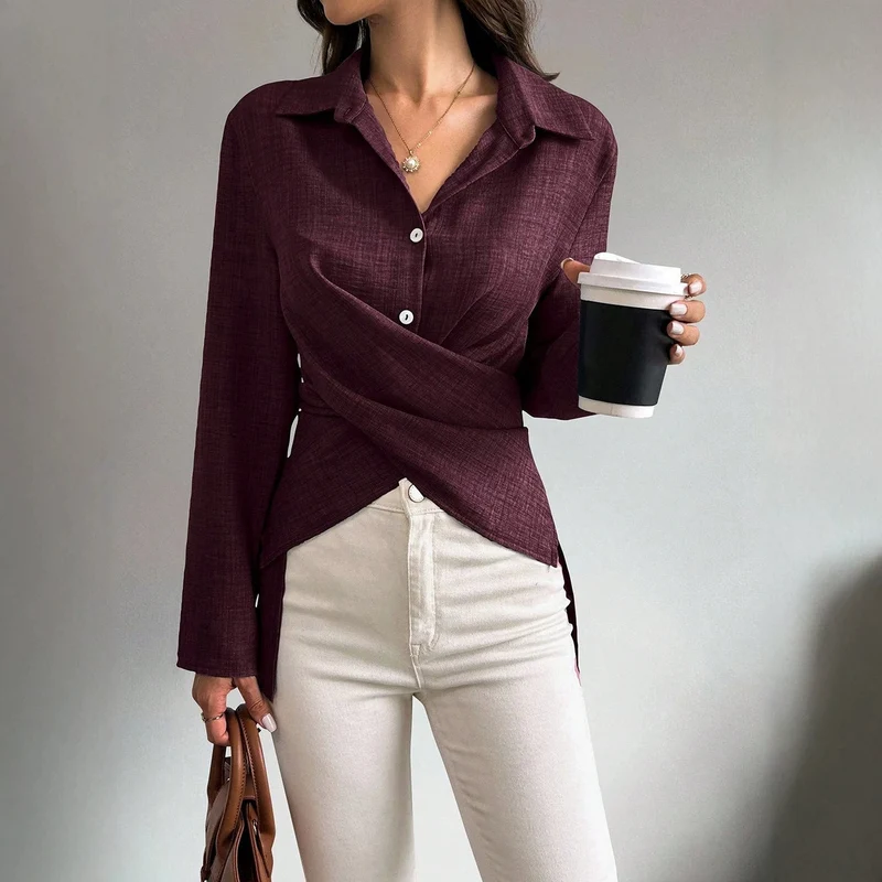 Damen Wickelbluse mit Hemdkragen, asymmetrischem Saum und seitlichen Schlitzen Nord Taschen