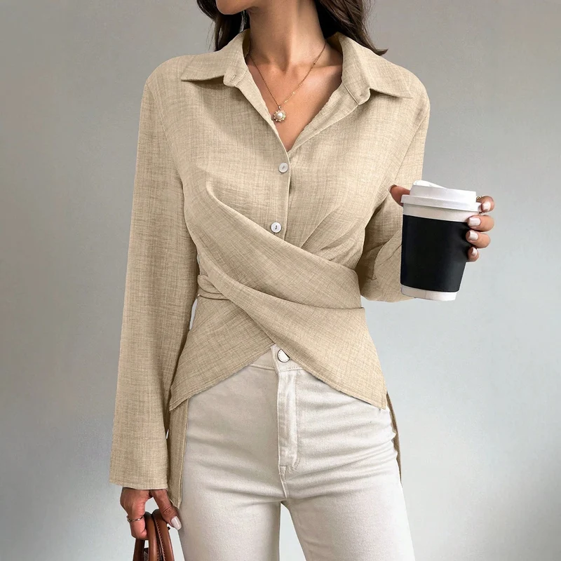 Damen Wickelbluse mit Hemdkragen, asymmetrischem Saum und seitlichen Schlitzen Nord Taschen