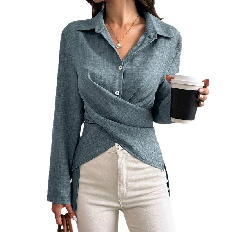 Damen Wickelbluse mit Hemdkragen, asymmetrischem Saum und seitlichen Schlitzen Nord Taschen