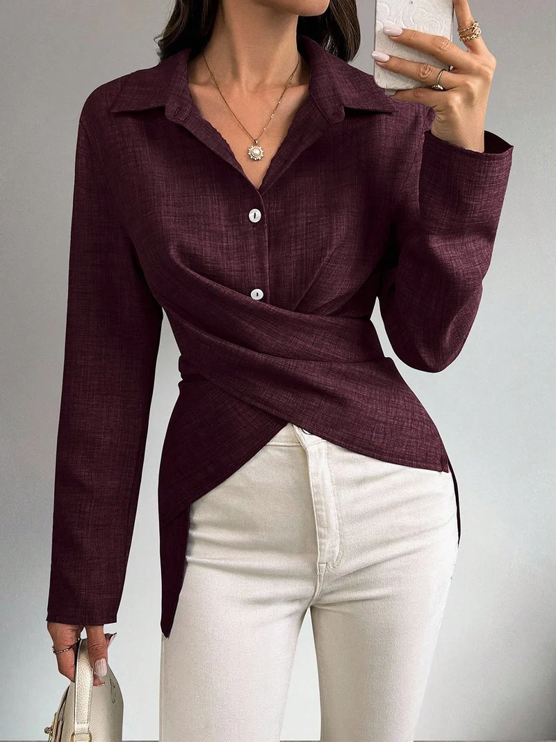Damen Wickelbluse mit Hemdkragen, asymmetrischem Saum und seitlichen Schlitzen Nord Taschen