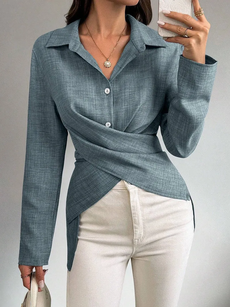 Damen Wickelbluse mit Hemdkragen, asymmetrischem Saum und seitlichen Schlitzen Nord Taschen