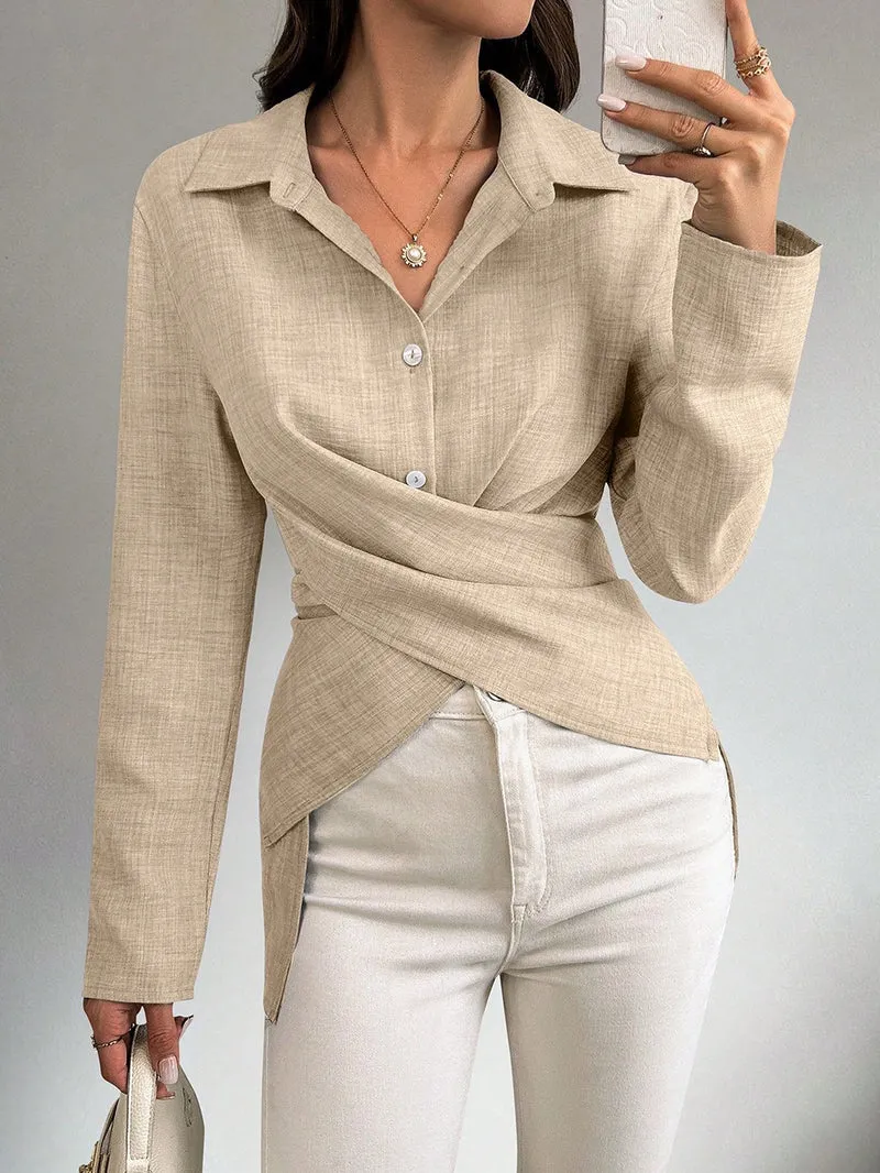 Damen Wickelbluse mit Hemdkragen, asymmetrischem Saum und seitlichen Schlitzen Nord Taschen
