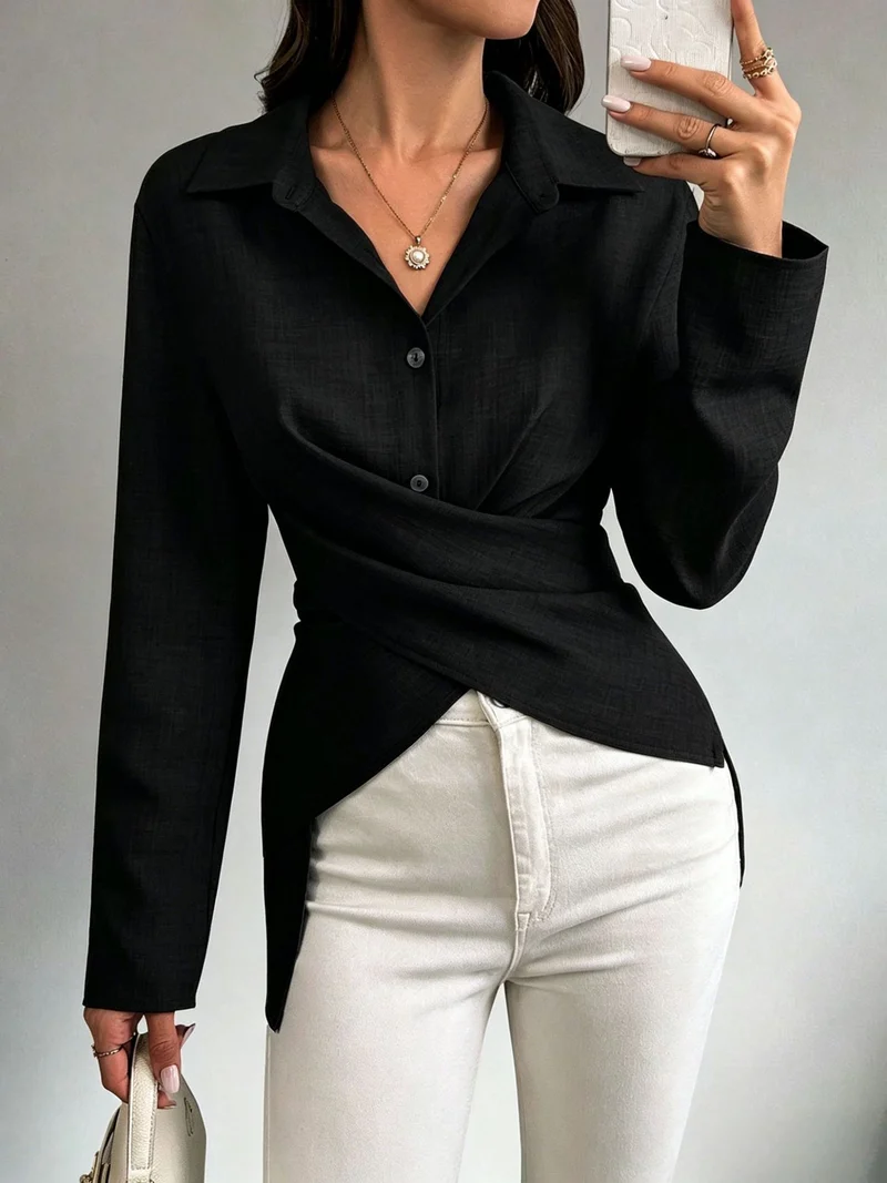Damen Wickelbluse mit Hemdkragen, asymmetrischem Saum und seitlichen Schlitzen Nord Taschen