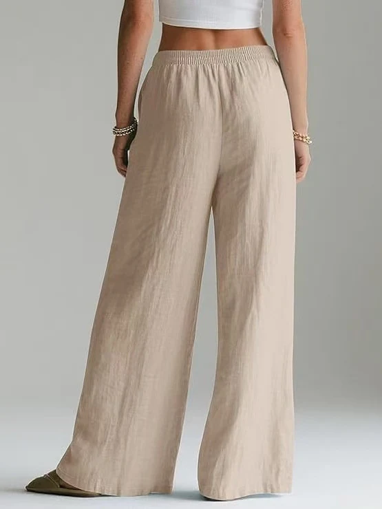 Damen Weite Leinenhose mit elastischem Bund und seitlichen Eingrifftaschen Nord Taschen