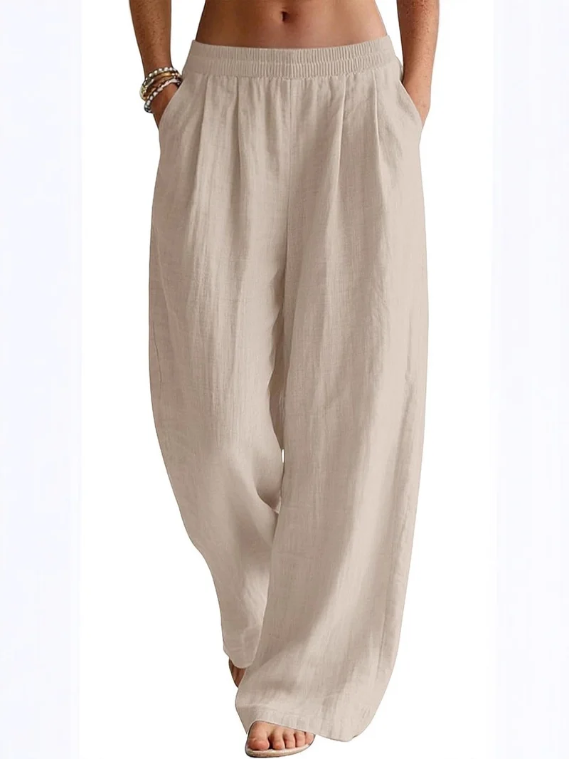 Damen Weite Leinenhose mit elastischem Bund und seitlichen Eingrifftaschen Nord Taschen
