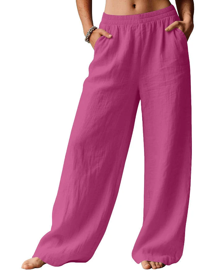 Damen Weite Leinenhose mit elastischem Bund und seitlichen Eingrifftaschen Nord Taschen