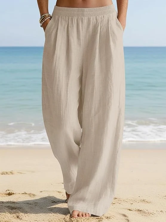 Damen Weite Leinenhose mit elastischem Bund und seitlichen Eingrifftaschen Nord Taschen