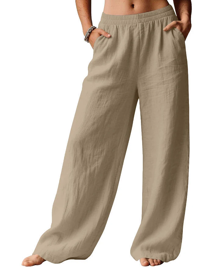 Damen Weite Leinenhose mit elastischem Bund und seitlichen Eingrifftaschen Nord Taschen