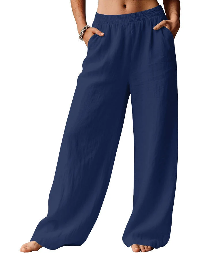 Damen Weite Leinenhose mit elastischem Bund und seitlichen Eingrifftaschen Nord Taschen