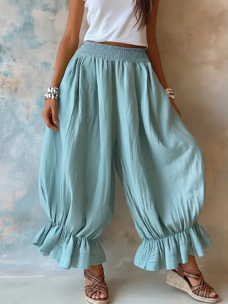 Damen Weite Haremhose mit Rüschenbündchen und Smok‑Taillenbund Nord Taschen