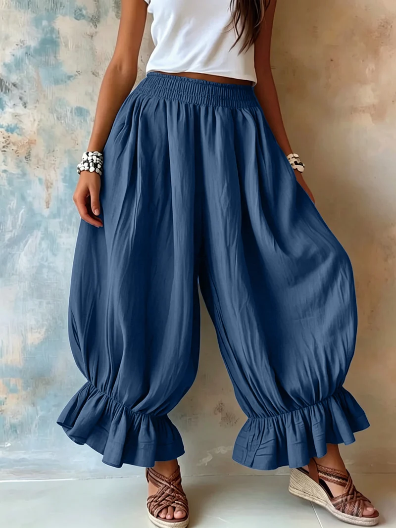 Damen Weite Haremhose mit Rüschenbündchen und Smok‑Taillenbund Nord Taschen