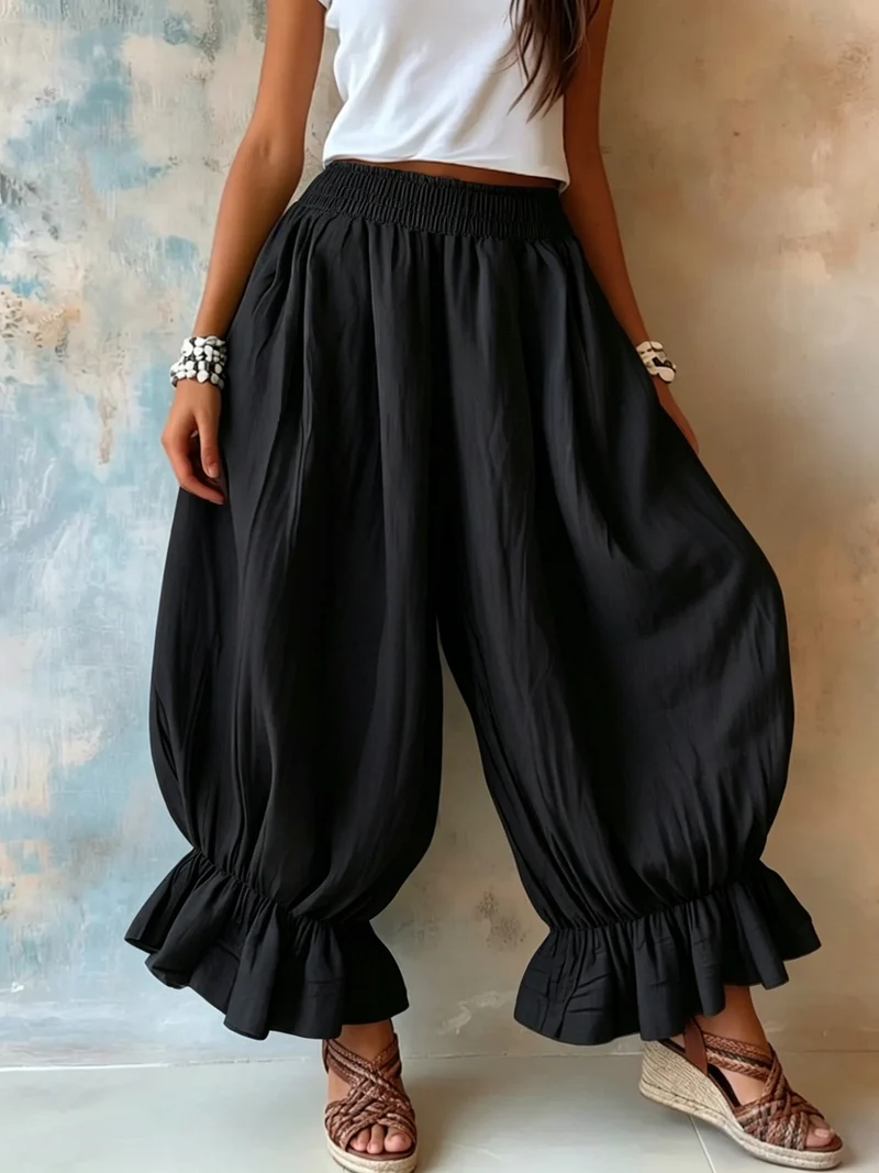 Damen Weite Haremhose mit Rüschenbündchen und Smok‑Taillenbund Nord Taschen