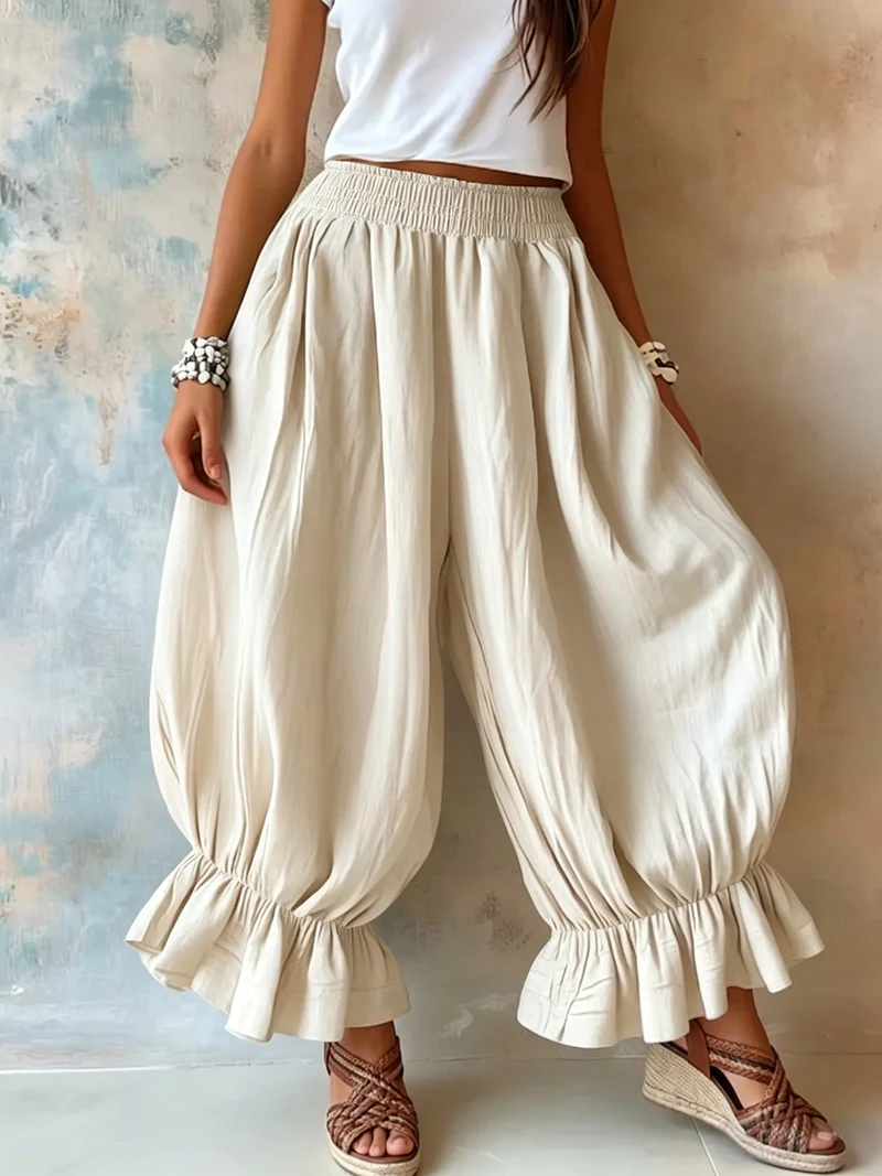 Damen Weite Haremhose mit Rüschenbündchen und Smok‑Taillenbund Nord Taschen