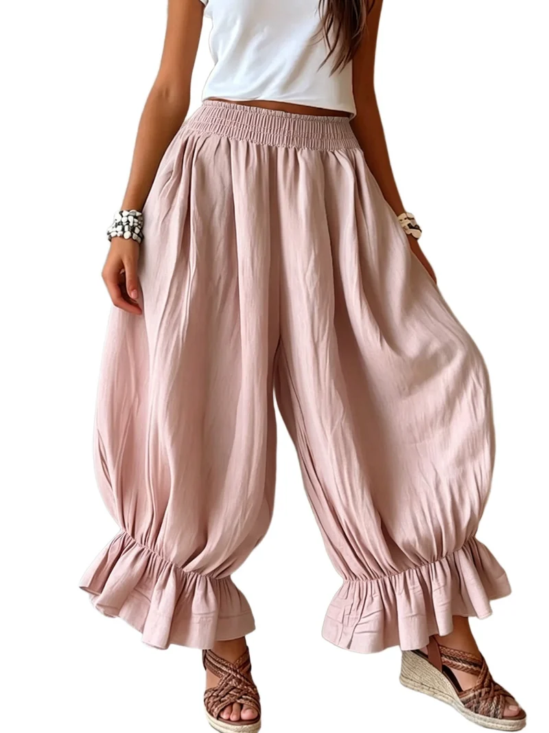 Damen Weite Haremhose mit Rüschenbündchen und Smok‑Taillenbund Nord Taschen