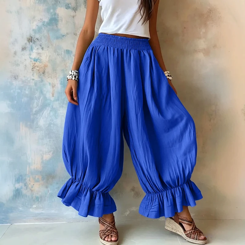 Damen Weite Haremhose mit Rüschenbündchen und Smok‑Taillenbund Nord Taschen