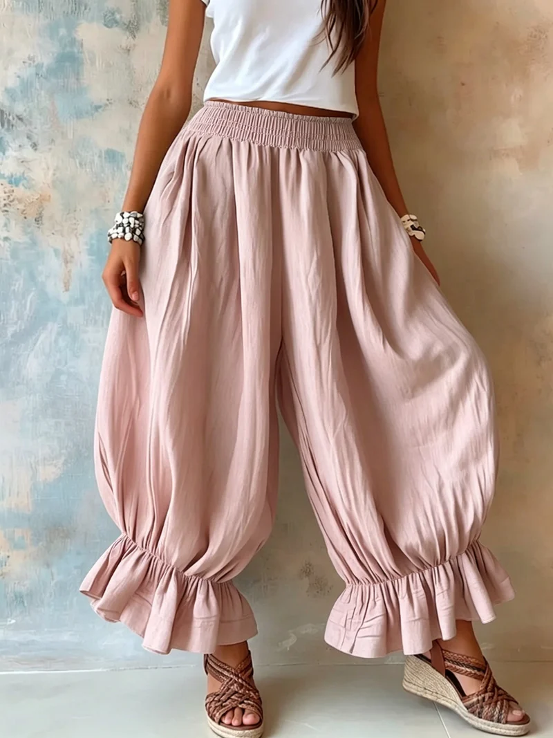 Damen Weite Haremhose mit Rüschenbündchen und Smok‑Taillenbund Nord Taschen