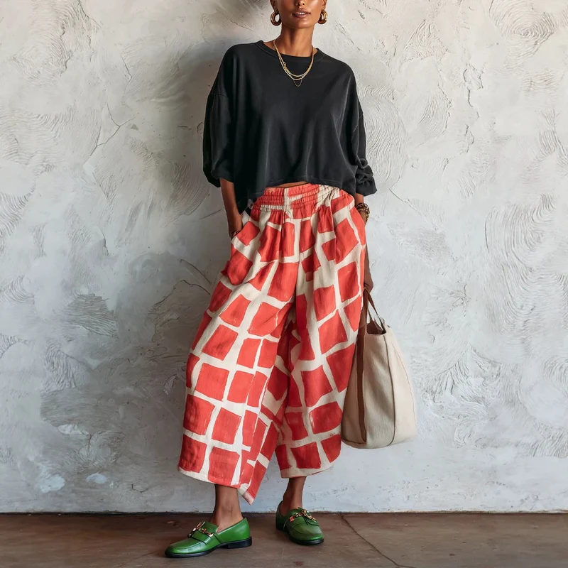 Damen Weite Culotte-Hose aus Leinenmix mit elastischem Bund und grafischem Print Nord Taschen