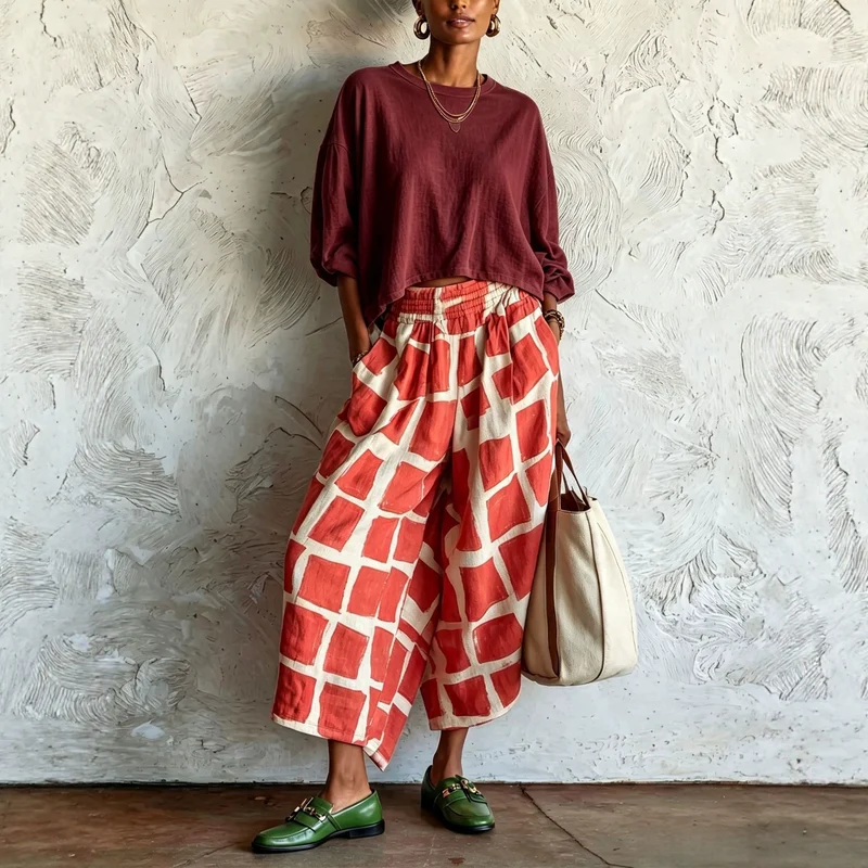 Damen Weite Culotte-Hose aus Leinenmix mit elastischem Bund und grafischem Print Nord Taschen