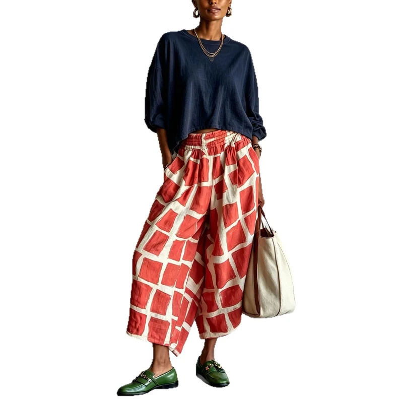 Damen Weite Culotte-Hose aus Leinenmix mit elastischem Bund und grafischem Print Nord Taschen