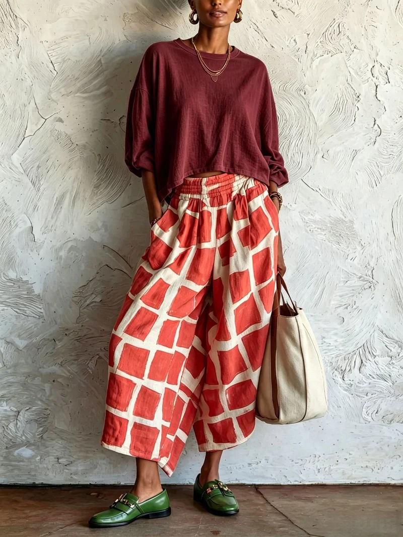 Damen Weite Culotte-Hose aus Leinenmix mit elastischem Bund und grafischem Print Nord Taschen
